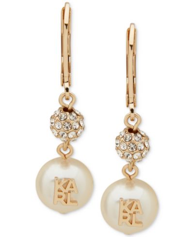 KARL LAGERFELD PARIS Gold-Tone Crystal & Imitation Pearl Logo Drop Earrings