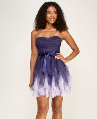 pear culture Juniors' Ombre Glitter Ruffled Petal Dress with Ribbon
