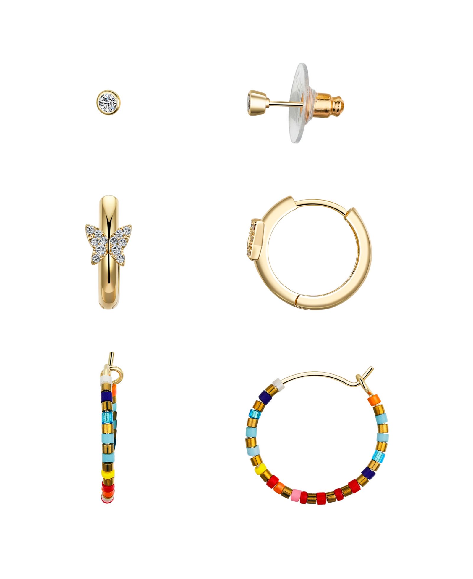Unwritten Cubic Zirconia Butterfly and Multi Color Beaded Hoop Stud Earring Set