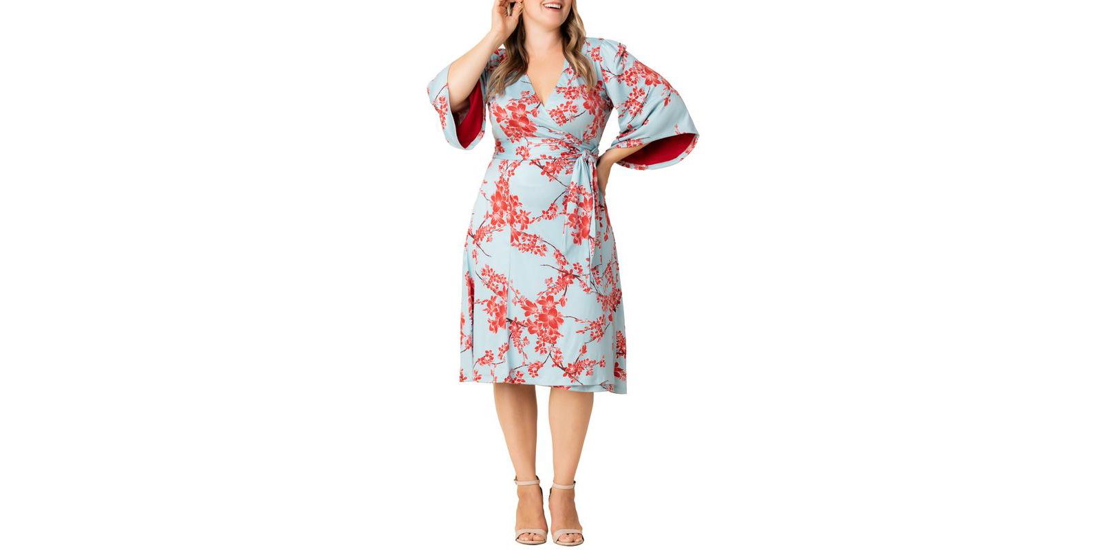 Kiyonna Plus Size Gemini Wrap Dress with Contrast Lined Sleeves