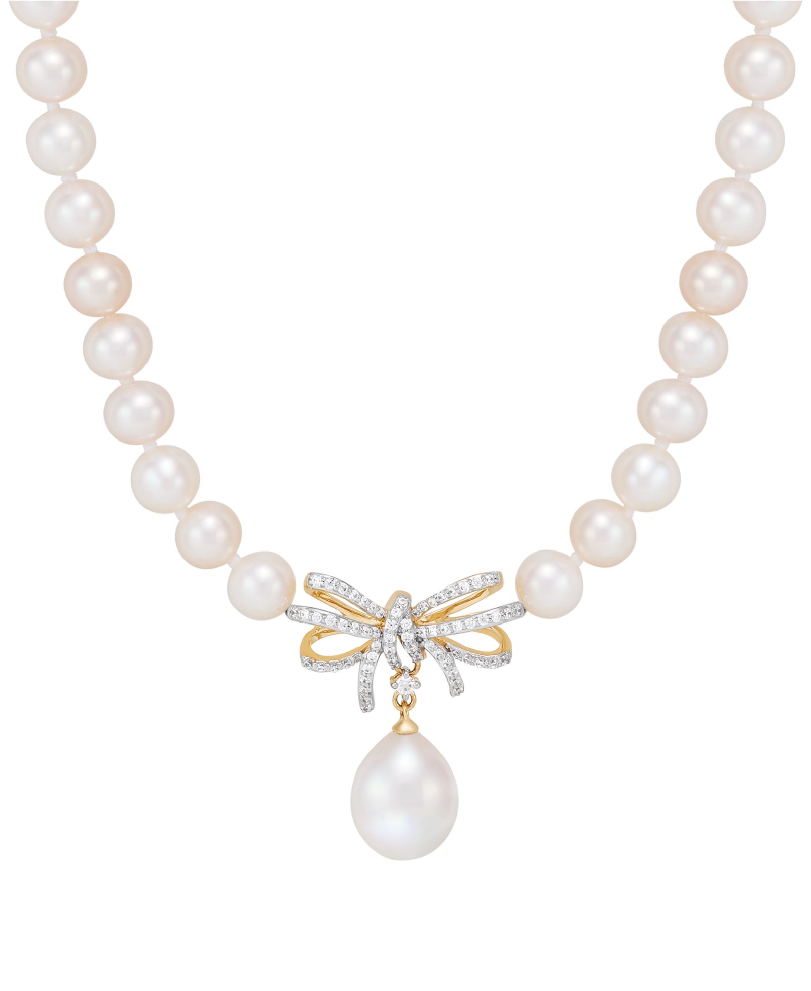 Honora Cultured Freshwater Pearl (5 & 8-1/2mm) & Diamond (1/5 ct. t.w.) Ribbon 17" Collar Necklace in 10k Gold