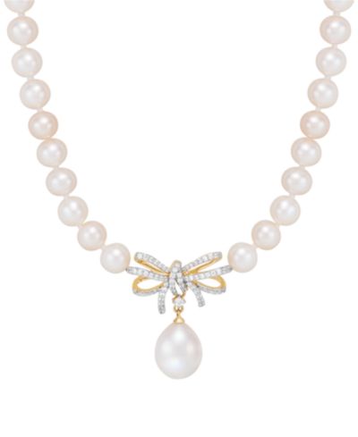 Honora Cultured Freshwater Pearl (5 & 8-1/2mm) & Diamond (1/5 ct. t.w.) Ribbon 17" Collar Necklace in 10k Gold
