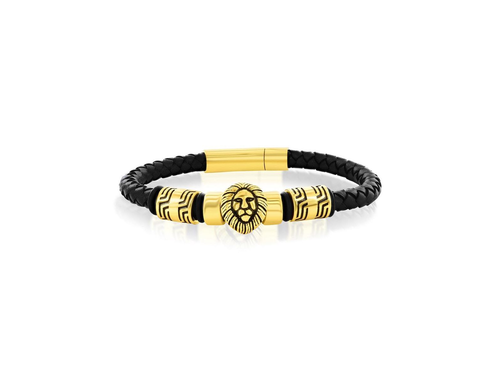 Metallo Stainless Steel Oxidized Lion with Genuine Leather Bracelet