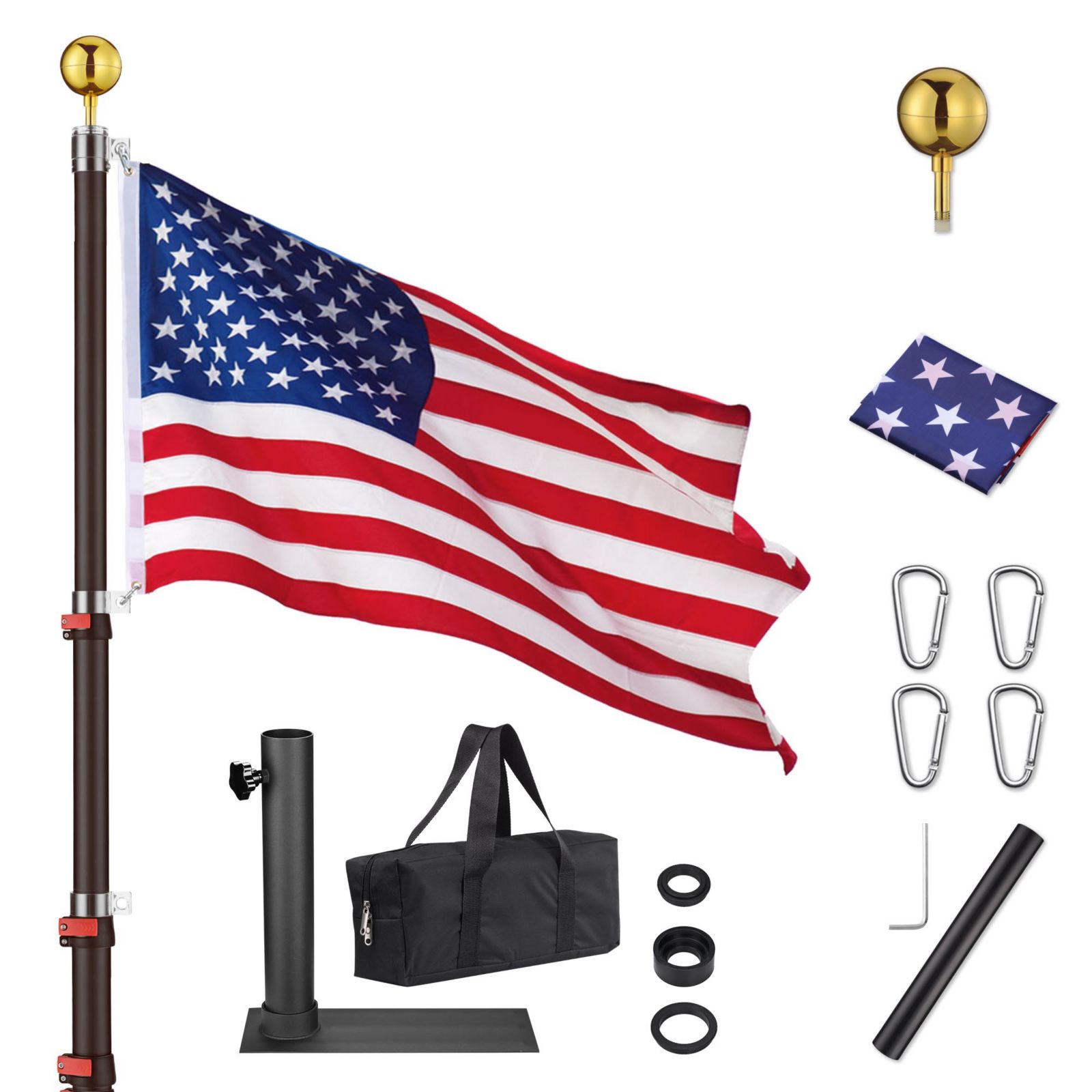 Yescom EZ GO 25ft Telescopic Flag Pole Kit Wheel Tire Mount Stand Upgrade Rotating Lock Outdoor Camper RV Tailgate