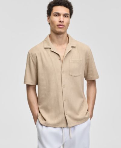 Sun + Stone Men's Textured Chevron Knit Short Sleeve Button-Front Camp Shirt, Created for Macy's