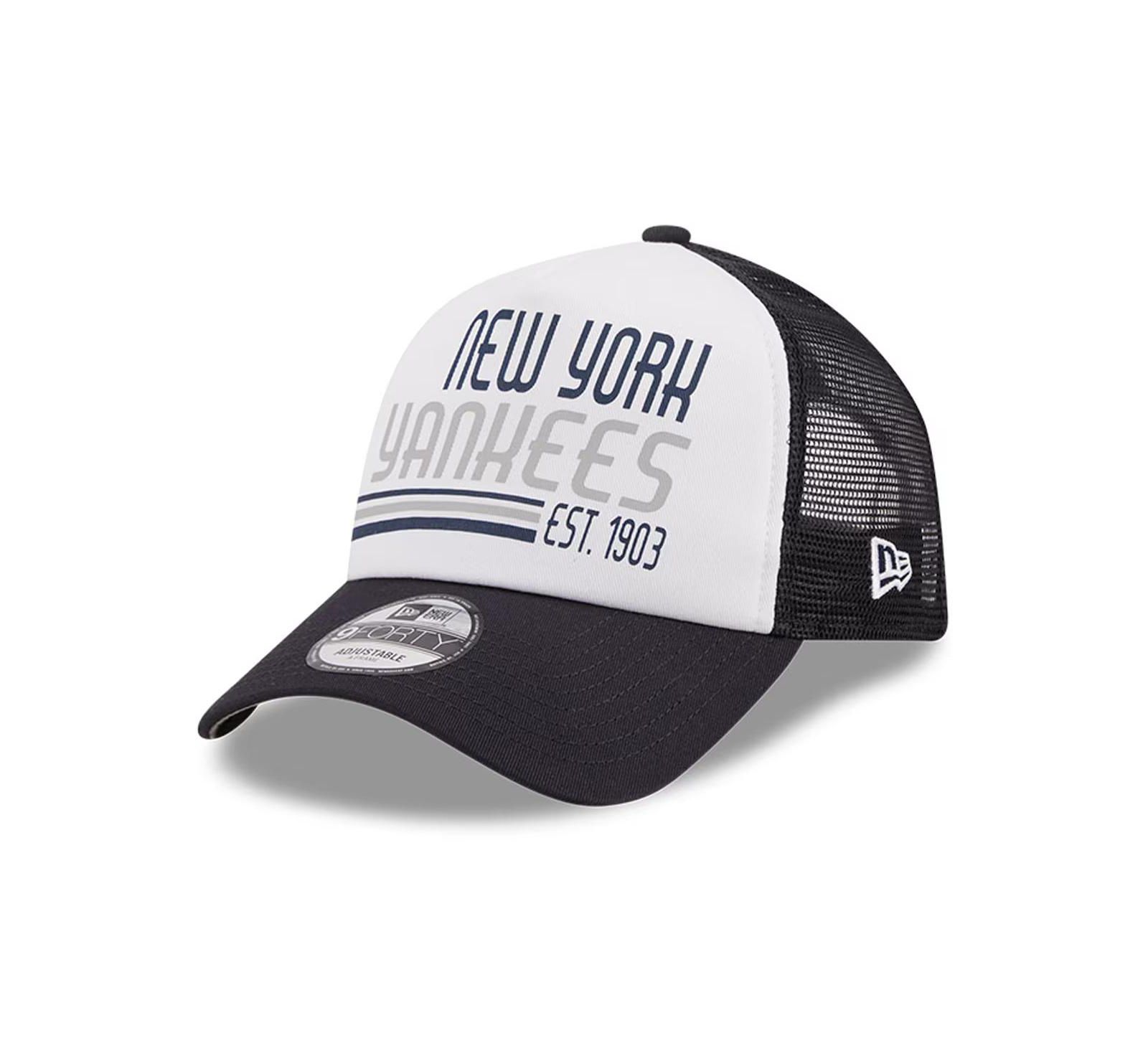 New Era Men's White/Navy New York Yankees Stacked A-Frame Trucker 9Forty Adjustable Hat