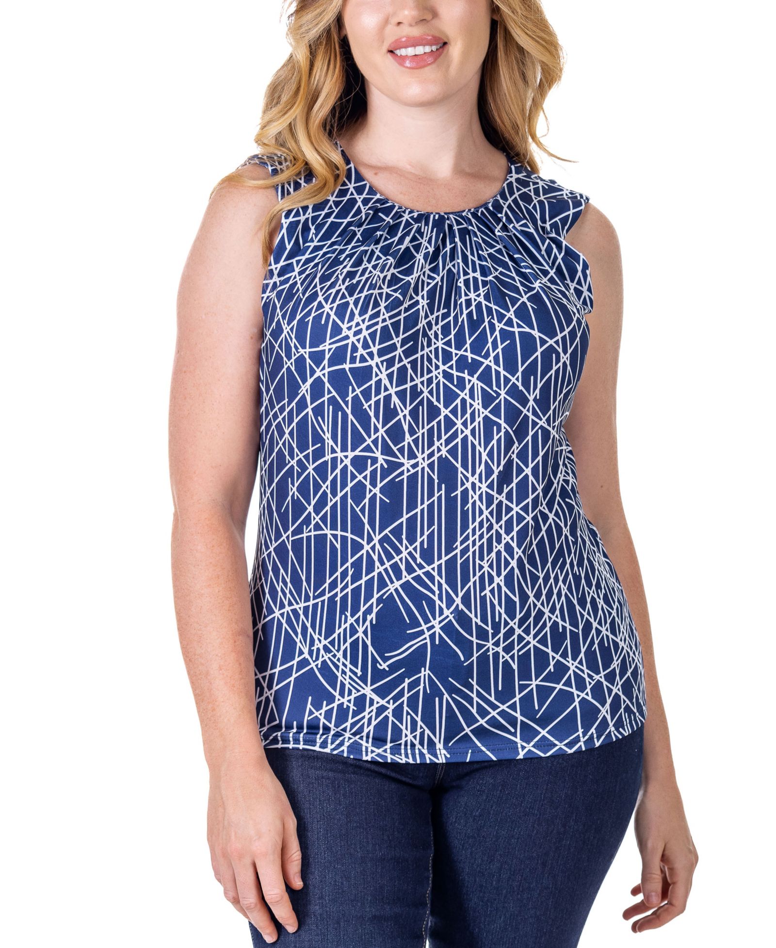 24seven Comfort Apparel Print Pleated Crew Neckline Back Closure Sleeveless Top