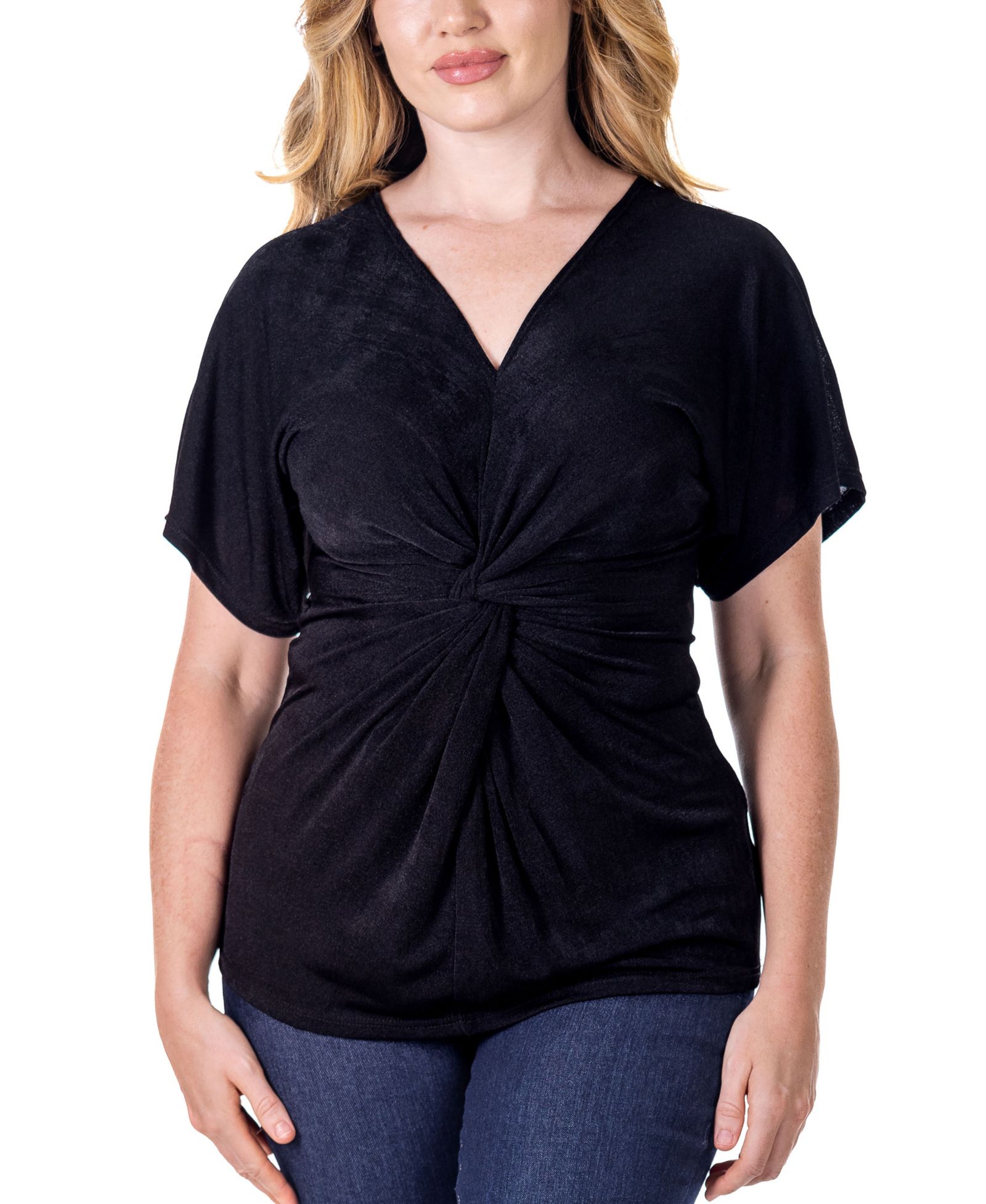 24seven Comfort Apparel V Neck Knot Front Kimono Sleeve Top