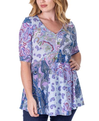 Топ 24seven Comfort Apparel Print Elbow Sleeve V Neck Henley Tunic