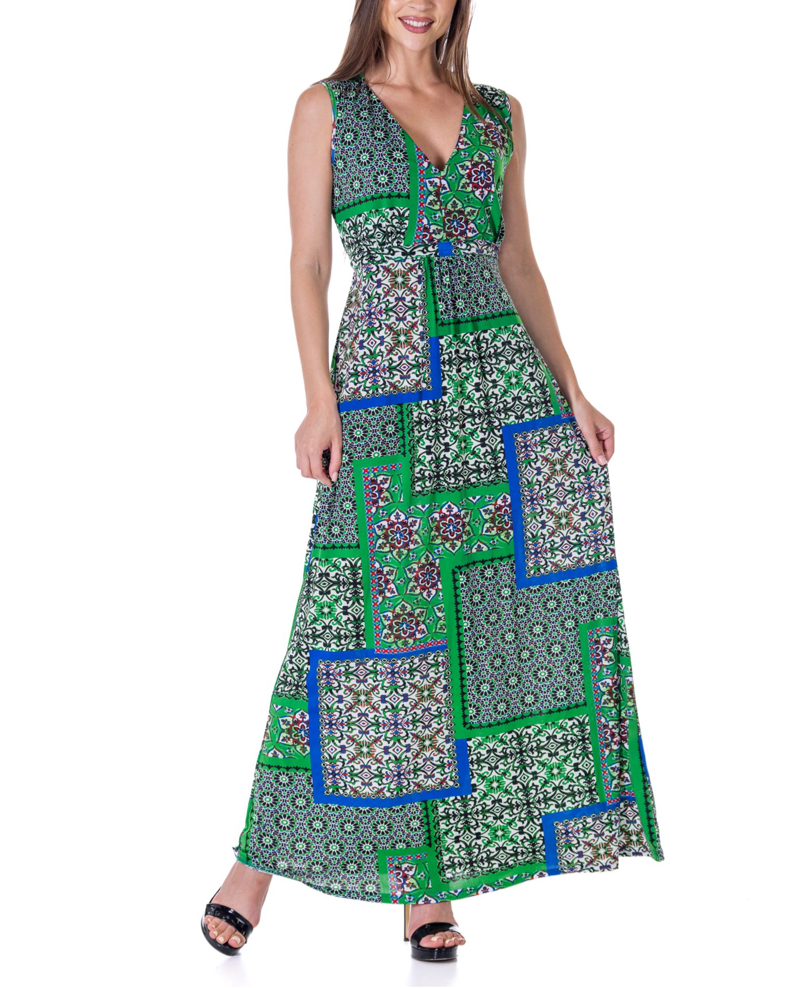 24seven Comfort Apparel Женское платье макси без рукавов с завышенной талией Green V Neck Empire Waist
