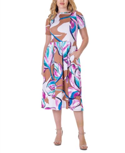Платье 24seven Comfort Apparel Print Short Sleeve Pleated Flare Midi с карманами