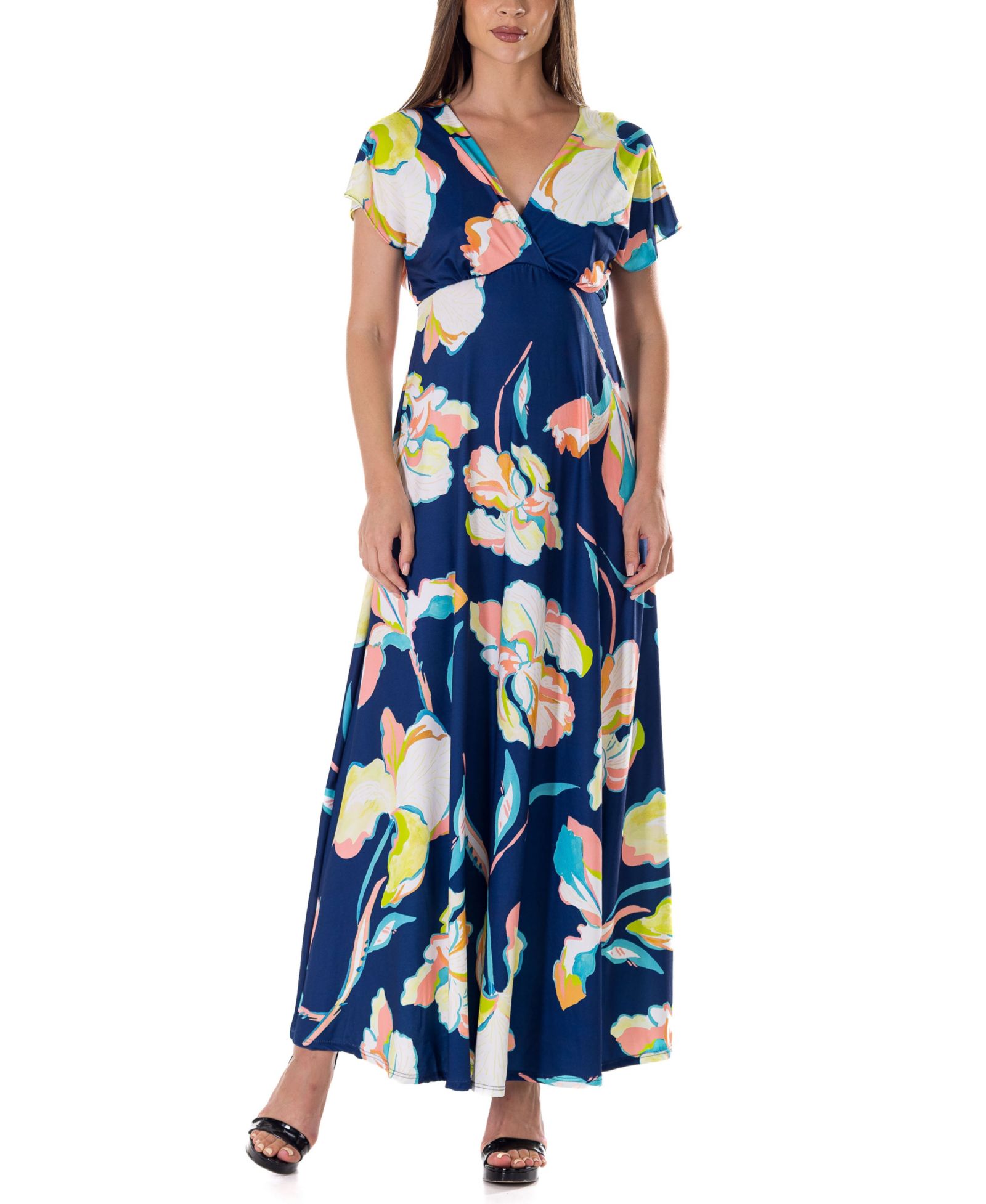 Женское платье 24seven Comfort Apparel Print V Neck Empire Waist Kimono Cap Sleeve Maxi