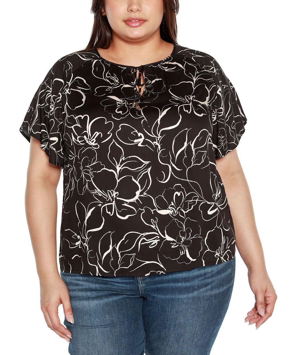 Belldini Black Label Plus Size Embellished Tie Neck Flutter Sleeve Top