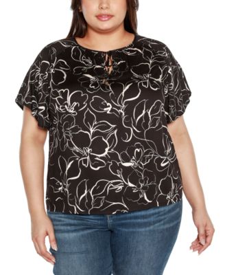 Belldini Black Label Plus Size Embellished Tie Neck Flutter Sleeve Top