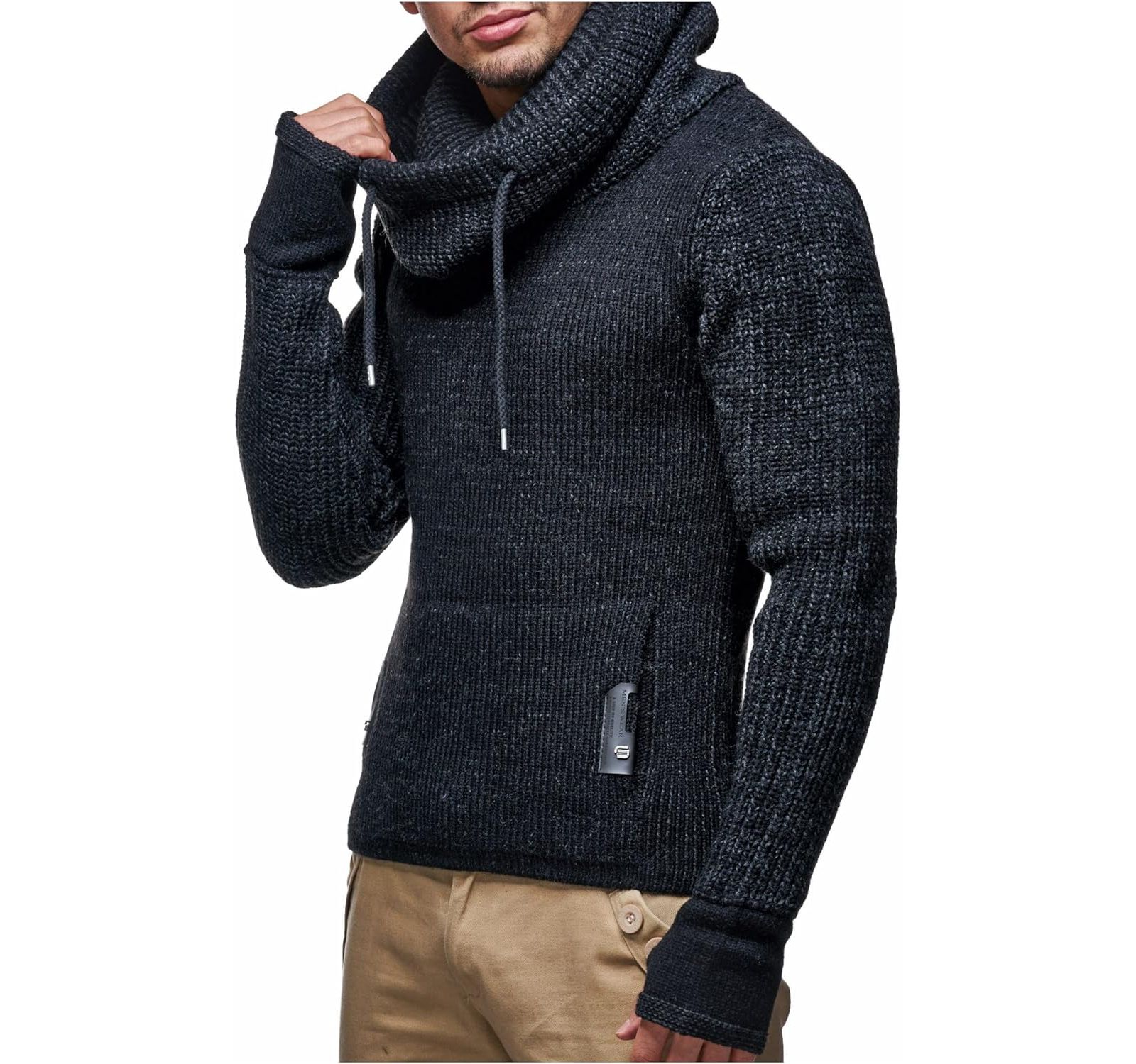 Leif Nelson Men's Cowl Neck Knitted Pullover with Thumbhole Cuffs