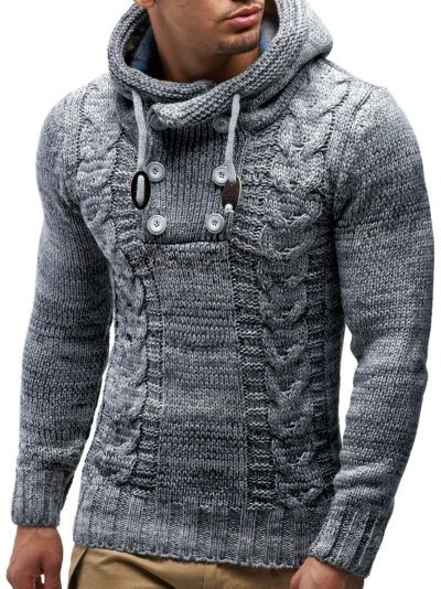 Leif Nelson Men's Knit Hoodie Sweater with Button Accents – Cable Knit Design