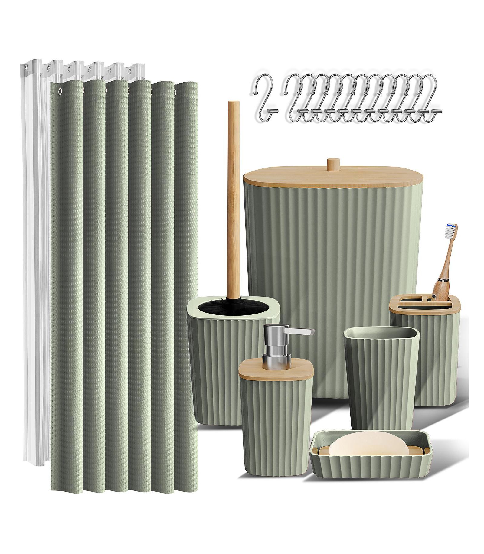 Clara Clark Bathroom Accessories Set, 20Piece Shower Curtain Set with Toilet Brush, Trash Can & Soap Dispenser