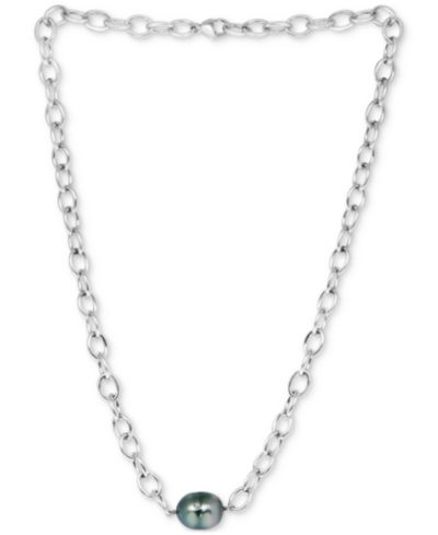 EFFY® Black Tahitian Baroque Pearl (12mm) Oval Link 18" Pendant Necklace in Sterling Silver