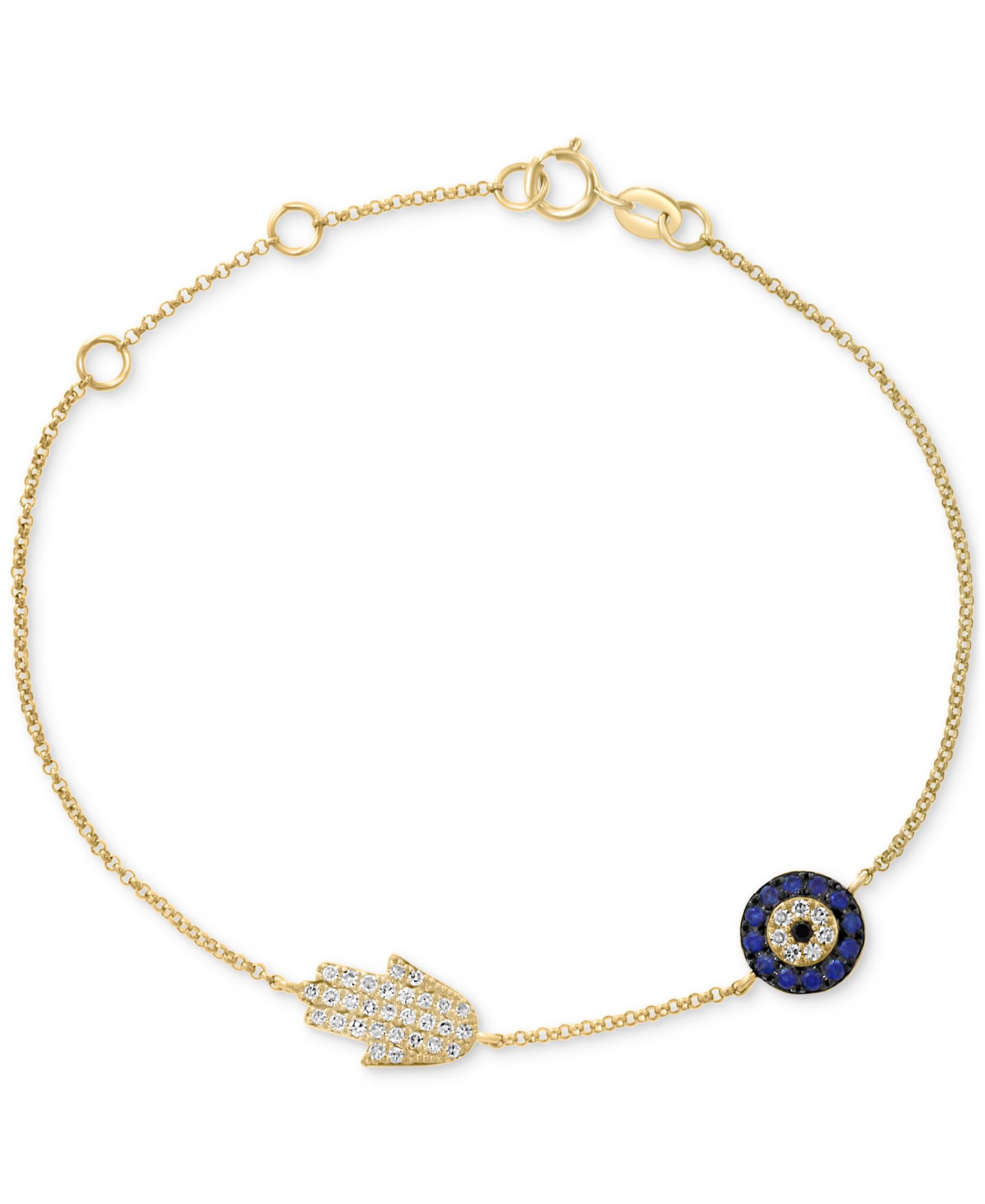 Браслет EFFY® Sapphire (1/8 ct. t.w.) & Black and White Diamond (1/5 ct. t.w.) Hamsa Hand & Evil Eye в 14k Gold