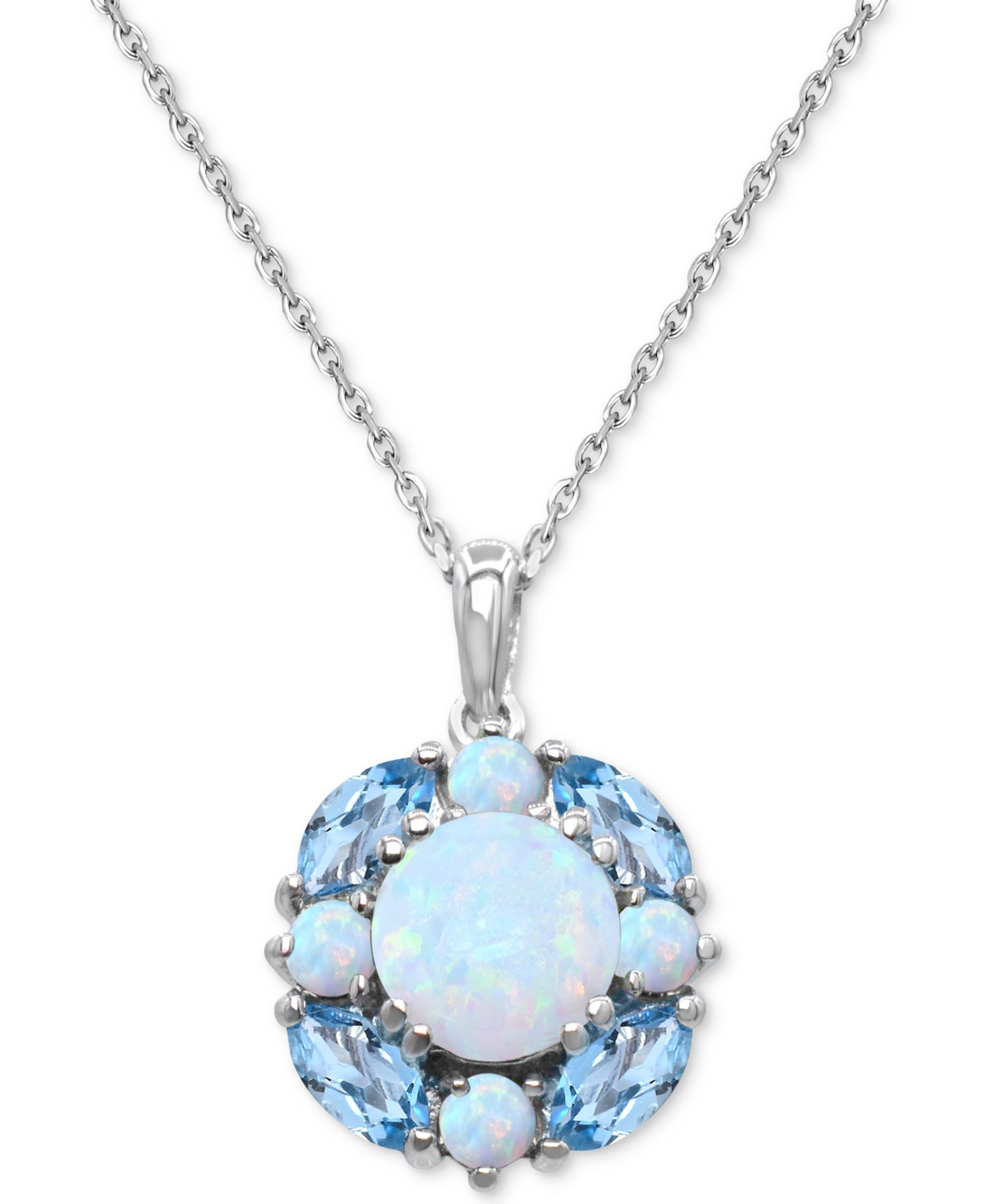 Подвеска-кулон Lab Grown Opal (1-1/5 ct. t.w.) & Swiss Blue Topaz (1-1/5 ct. t.w.) Cluster 18" в серебряном покрытии