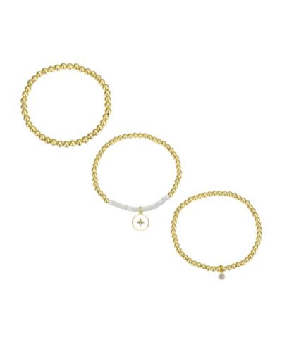 Unwritten White Enamel Cubic Zirconia and Mother of Pearl Star Beaded Stretch Bracelet Set