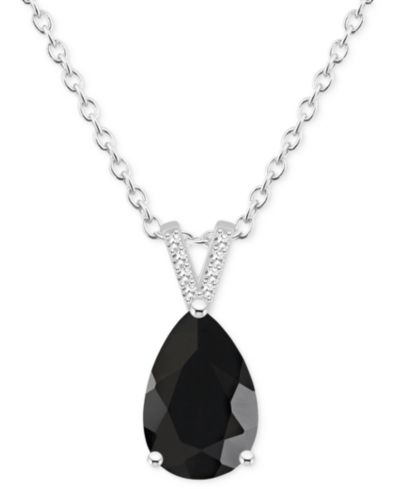 Labradorite & Diamond Accent Pear 18" Pendant Necklace in Sterling Silver (Also in Onyx)