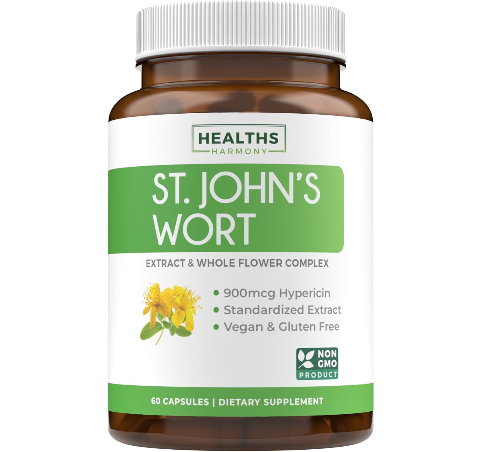 St Johns Wort Capsules, Powerful 900mcg Hypericin - Standardized Extract and Whole Herb Supplement, Health's Harmony, 60ct