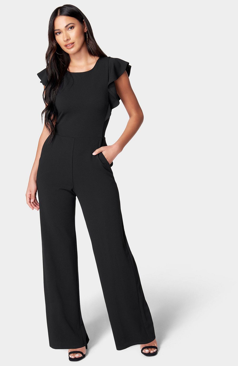 Bebe Women's Scuba Crepe Jumpsuit With Ruffle Sleeve