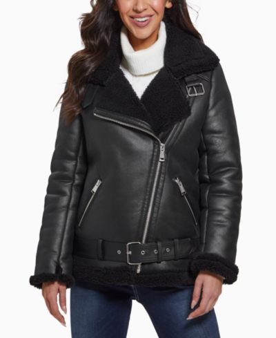 GUESS Women's Faux-Shearling Asymmetric Moto Coat