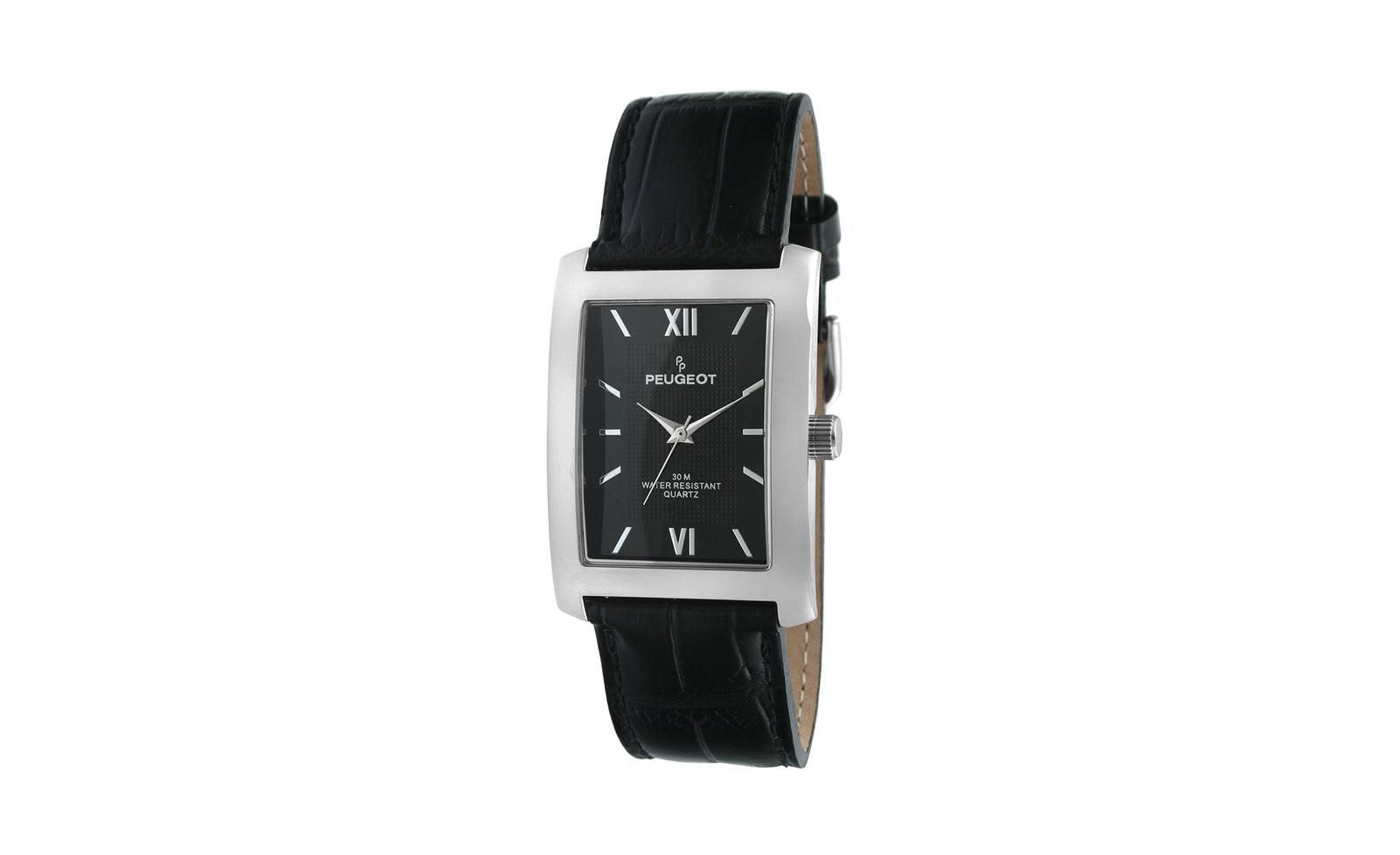 Peugeot Men's 30X40mm Silver Tank Shape Watch with Black Dial and Black Leather Strap