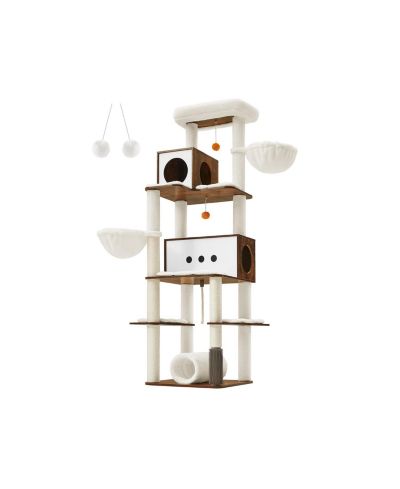 Slickblue Tall Modern Cat Tower, Multi-Level Cat Condo with 2 Caves, 2 Baskets, 4 Scratching Posts