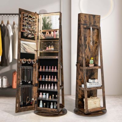 Costway 360degree(s) Swivel Jewelry Cabinet Organizer 3-Color LED Mirror with Built-in Lights