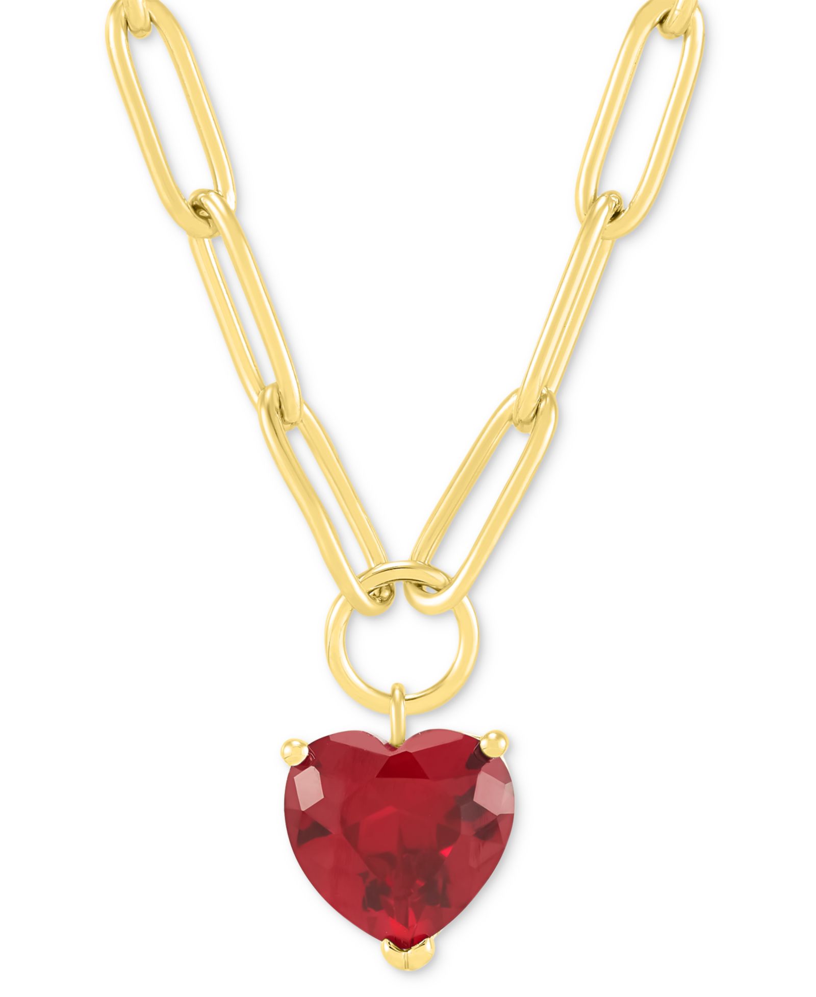 Подвеска-кулон Macy's Lab-Grown Ruby Heart Solitaire Paperclip Link в 14k Gold-Plated Sterling Silver, 18" + 2" extender