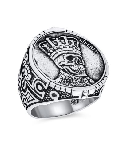 Bling Jewelry Goth Biker Jewelry Crown Skull Coin Signet Statement Ring Sterling Silver
