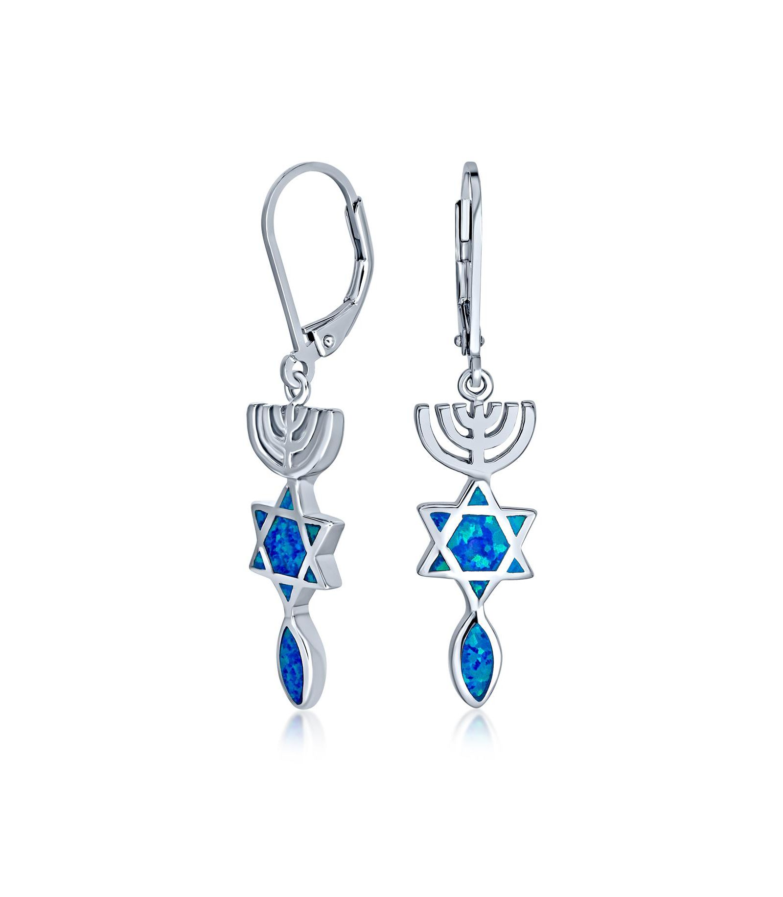 Bling Jewelry Created Blue Opal Menorah Star Of David Dangle Earrings Sterling Silver