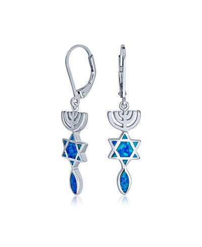 Bling Jewelry Created Blue Opal Menorah Star Of David Dangle Earrings Sterling Silver