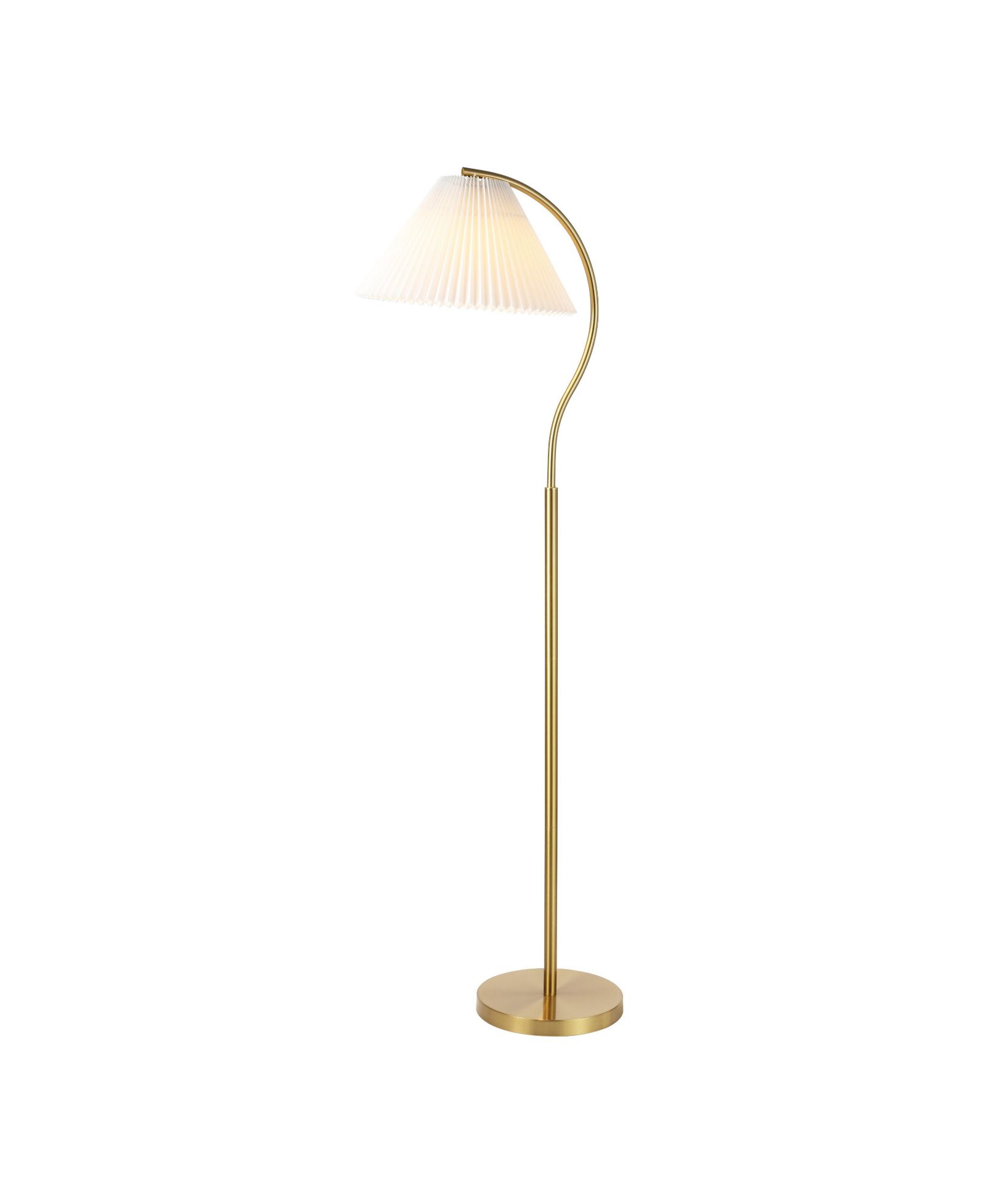Devon 60.5" Modern Glam Metal Arc LED Floor Lamp with Pleated Shade, Brass Gold/White