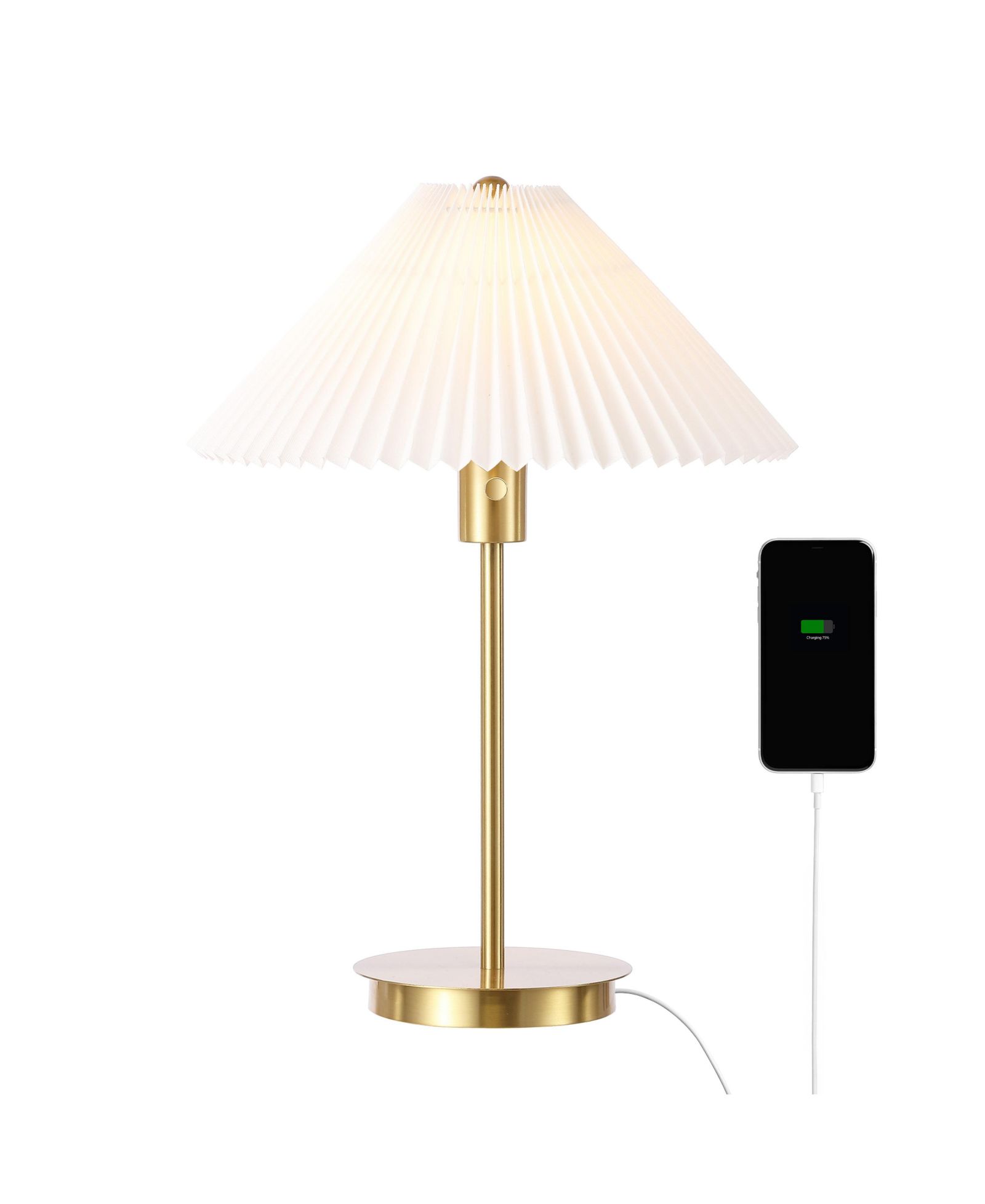 Freida 21.25" Modern Glam Metal Column LED Table Lamp with USB Charging Port and Pleated Shade, Brass Gold/White
