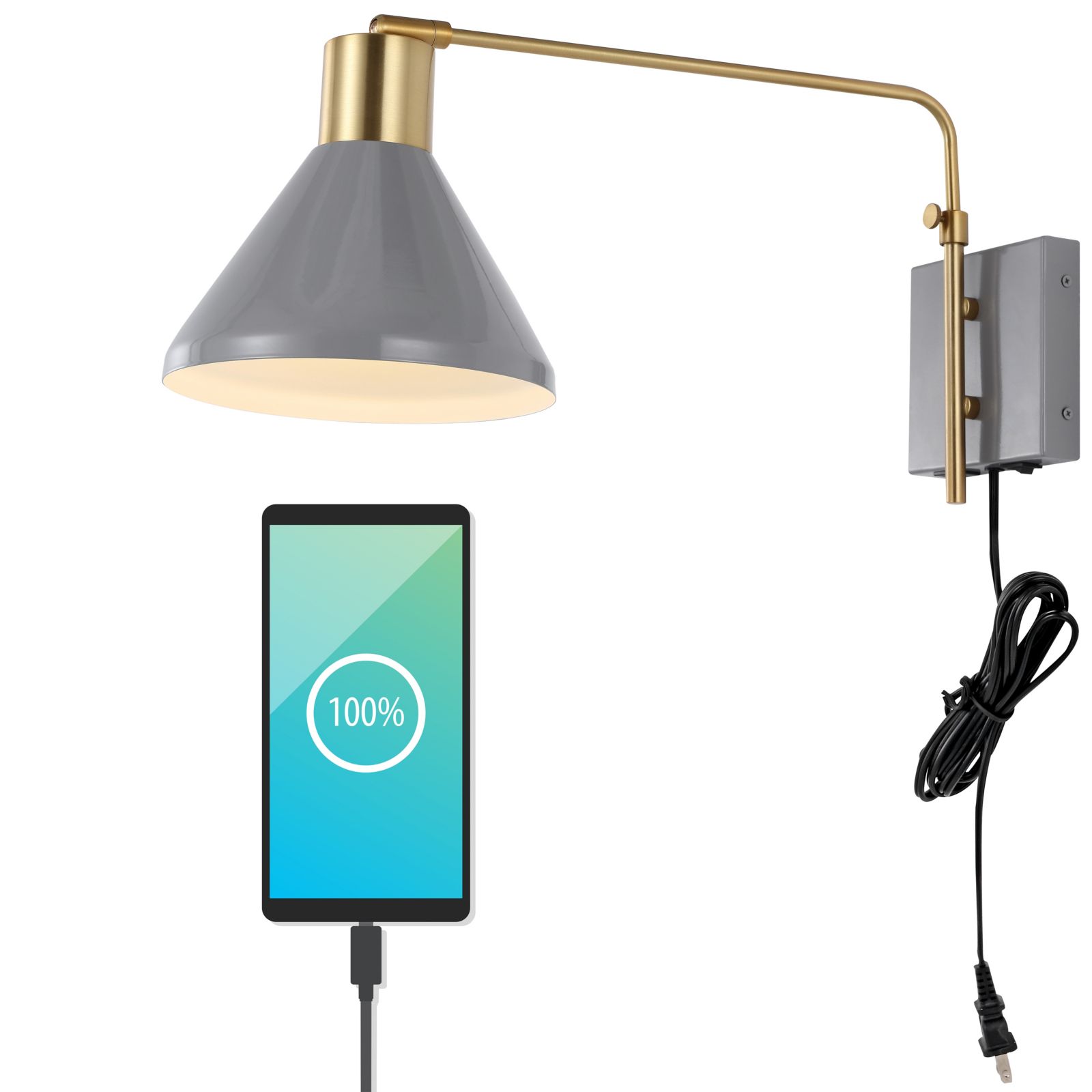 Современный настенный светильник Max Swing Arm в стиле Midcentury, железный, с USB портом и LED подсветкой