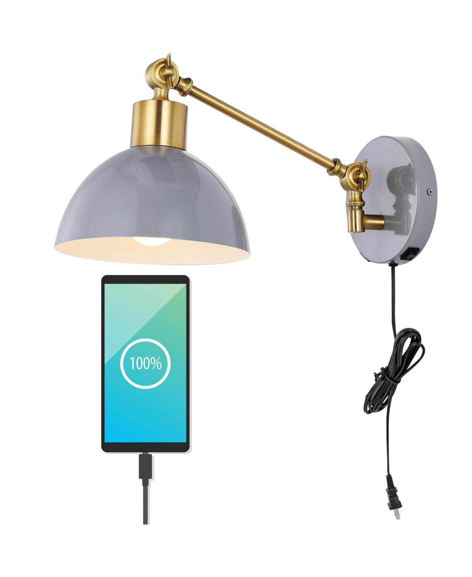 Lisa Swing Arm Modern Midcentury Iron USB Charging Port LED Sconce