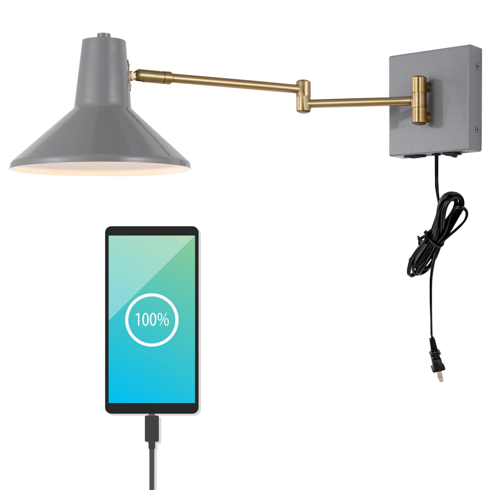 Hygge Swing Arm Modern Midcentury Iron USB Charging Port LED Sconce