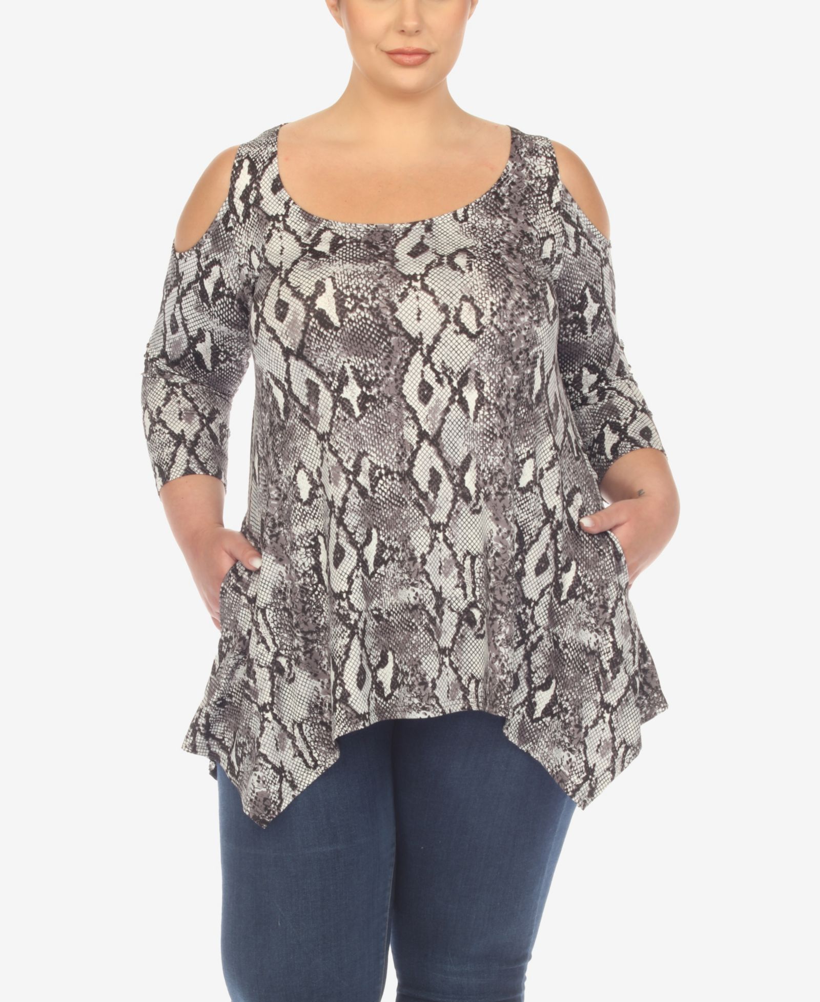 White Mark Plus Size Snake Print Cold Shoulder Tunic Top