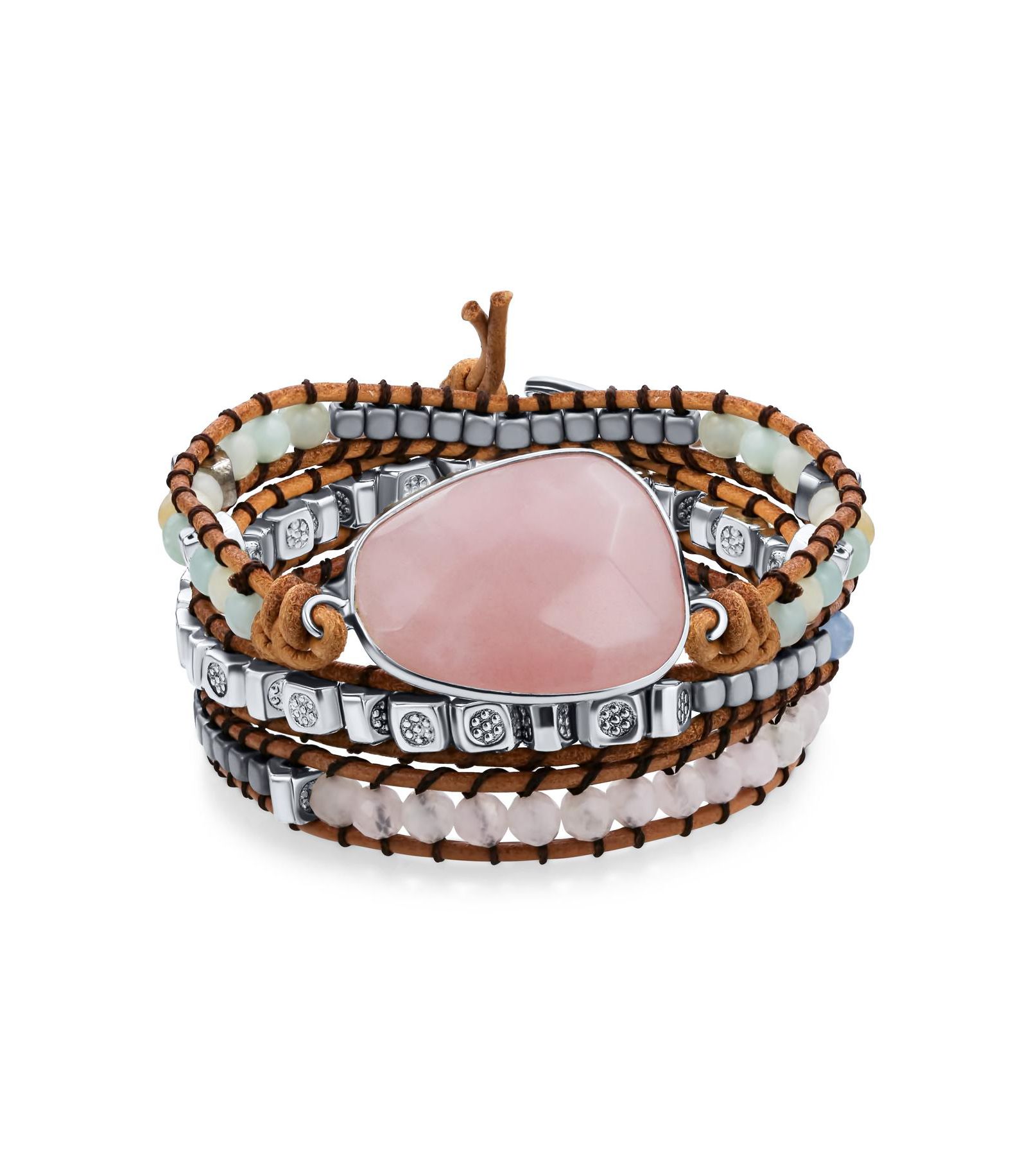 Браслет Bling Jewelry Rose Pink Quartz Aqua Amazonite Genuine Leather Boho Wrap Adjustable