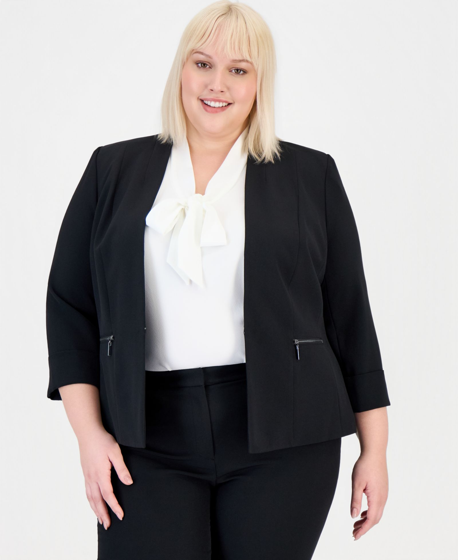 Kasper Plus Size Stretch Crepe Collarless Open Front Blazer