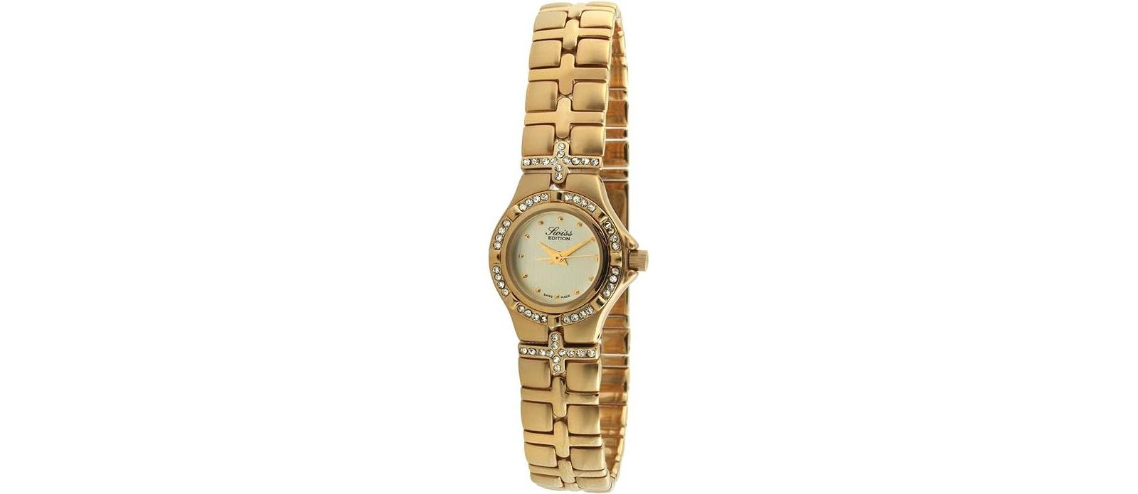 Swiss Edition Women's Luxury 23K Gold Plated Crystal Bezel and Bracelet Dress Watch