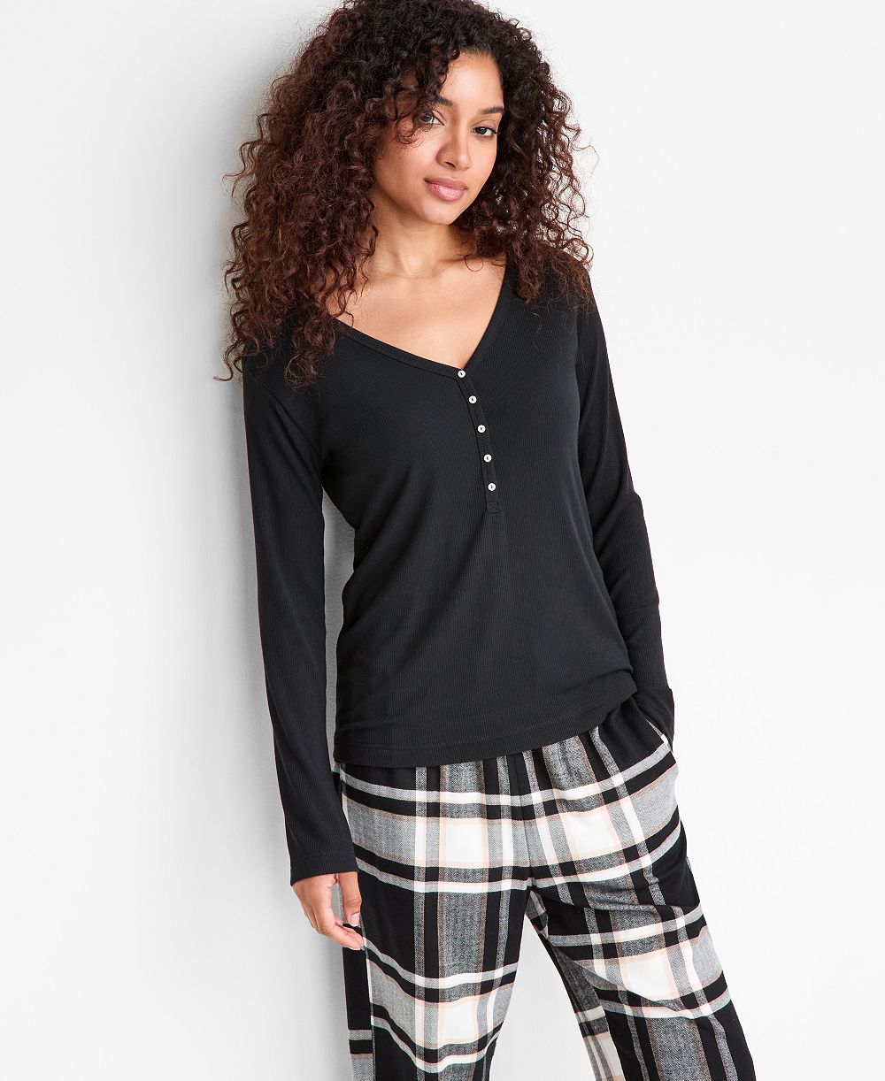 State of Day Women's Long-Sleeve Ribbed Henley Sleep Top XS-3X, Created for Macy's