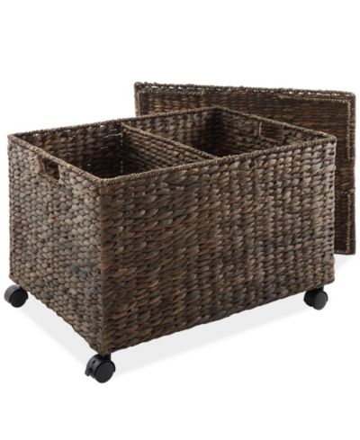 Casafield Rolling Storage Basket Cart with Lid and Wheels, Natural - Woven Water Hyacinth Divided Sorting Bin for Kitchen, Laundry, Pantry, Garage