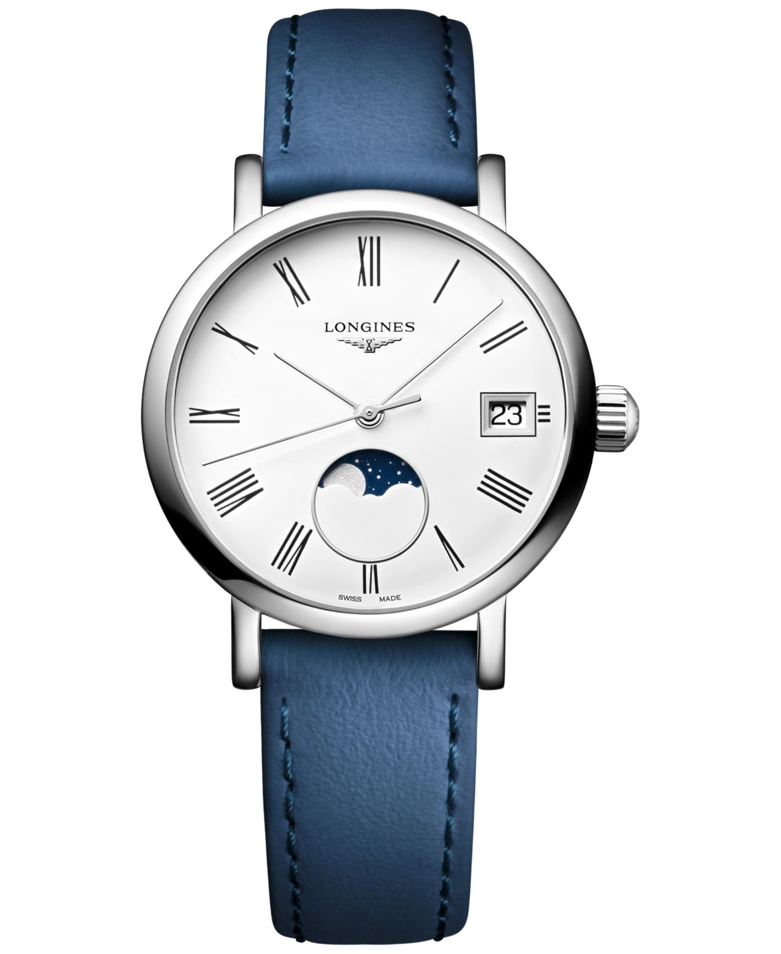 Часы Longines Women's Swiss Elegant Moonphase с синим кожаным ремешком 30mm