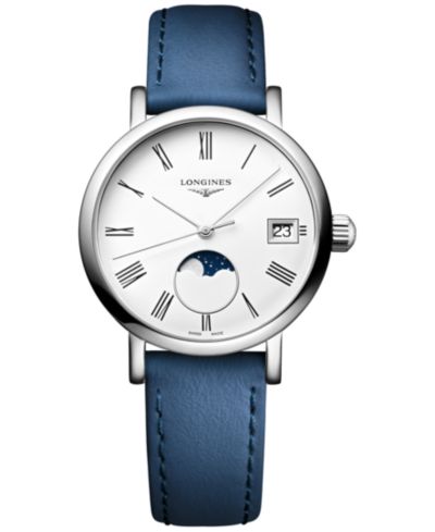 Часы Longines Women's Swiss Elegant Moonphase с синим кожаным ремешком 30mm