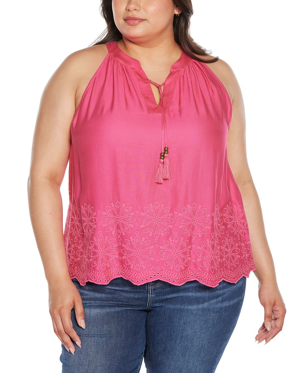 Belldini Black Label Plus Size Embroidered Hem Sleeveless Top